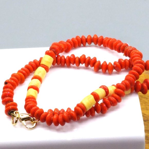 Antique Rondelle and Bone Bead Necklace Orange Glass Choker Length Ethnic Tribal - Picture 2 of 3